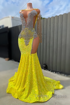 Round neck Silver Beaded Mermaid Yellow Sequin Prom Dress