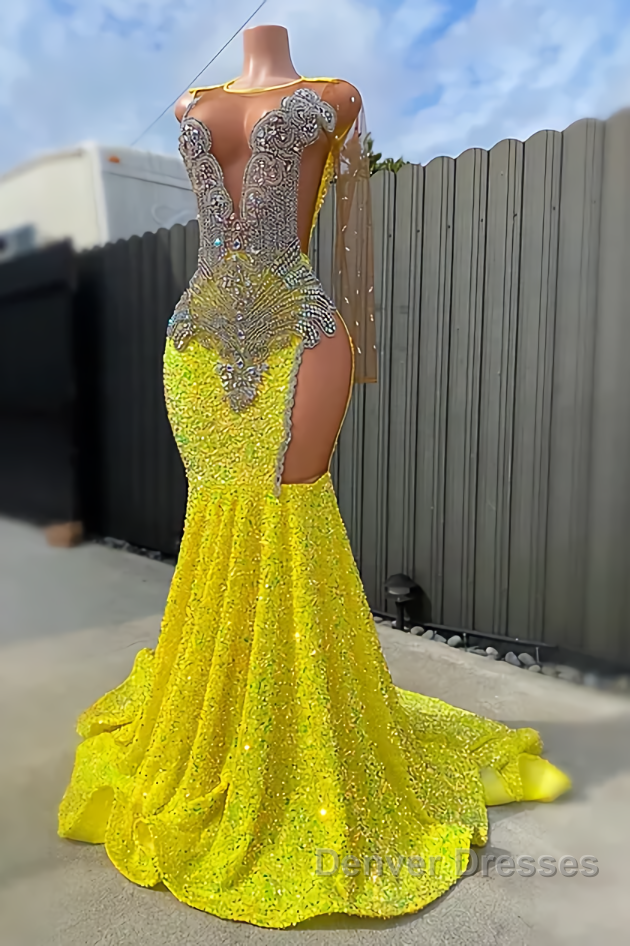 Round neck Silver Beaded Mermaid Yellow Sequin Prom Dress