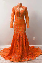 Hot Orange High neck Long Sleeves Mermaid Sequin Prom Dress