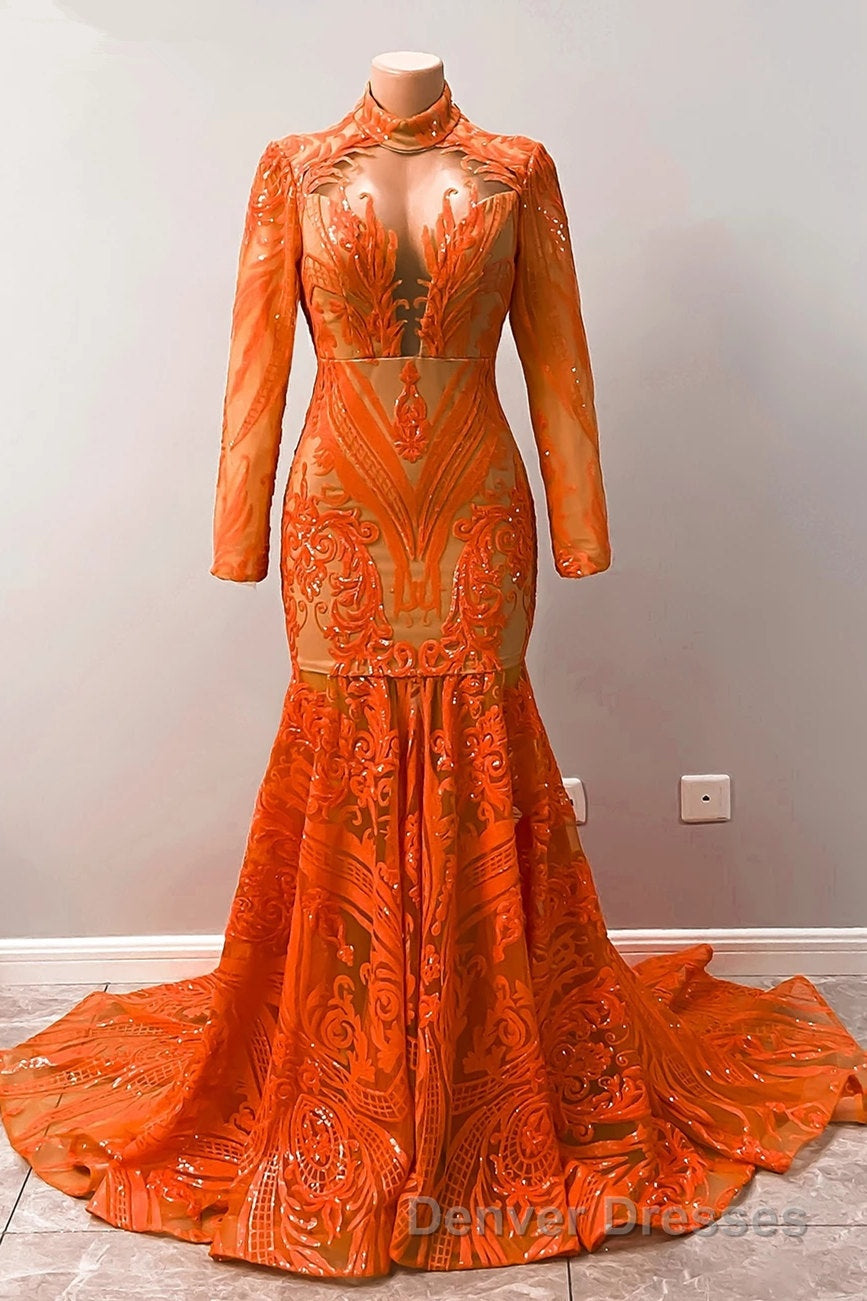 Hot Orange High neck Long Sleeves Mermaid Sequin Prom Dress