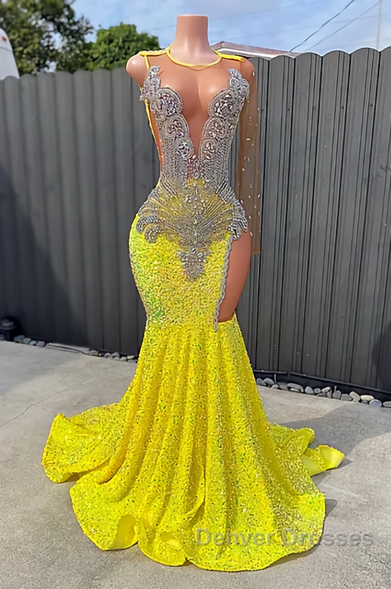 Round neck Silver Beaded Mermaid Yellow Sequin Prom Dress