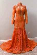 Hot Orange High neck Long Sleeves Mermaid Sequin Prom Dress