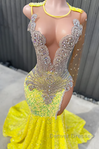 Round neck Silver Beaded Mermaid Yellow Sequin Prom Dress