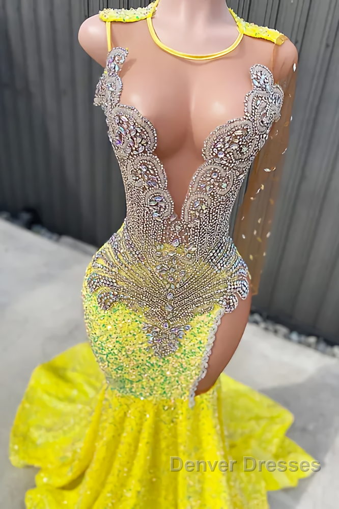 Round neck Silver Beaded Mermaid Yellow Sequin Prom Dress