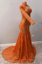 Hot Orange High neck Long Sleeves Mermaid Sequin Prom Dress