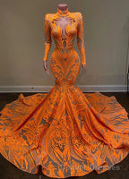 Hot Orange High neck Long Sleeves Mermaid Sequin Prom Dress