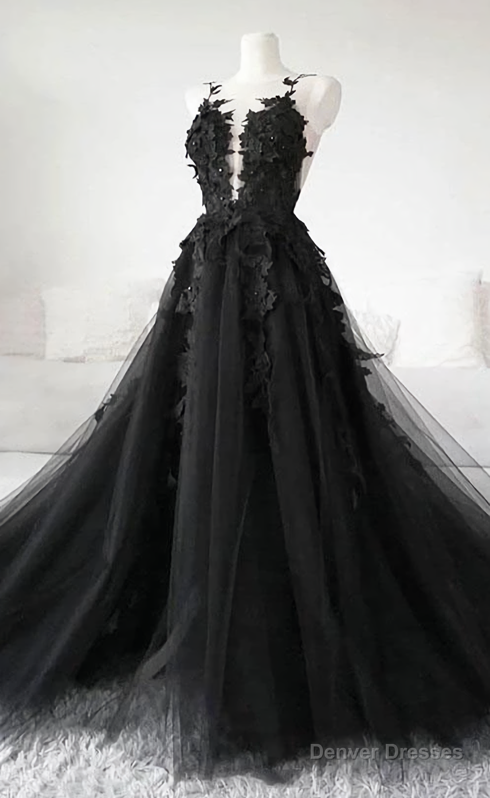 Black Tulle Lace Long Prom Dress, Black Lace Evening Dress, 2303 Main image