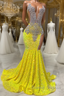 Round neck Silver Beaded Mermaid Yellow Sequin Prom Dress