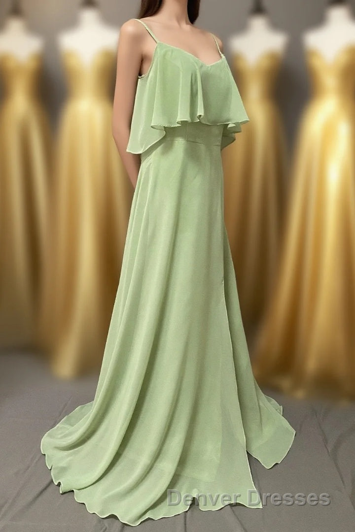 Ruffles Sage Green Straps A-Line Long Bridesmaid Dress with Slit Main image