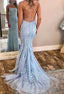 Chic Trumpet Spaghetti Straps With Lace Appliques Light Blue Prom Dress