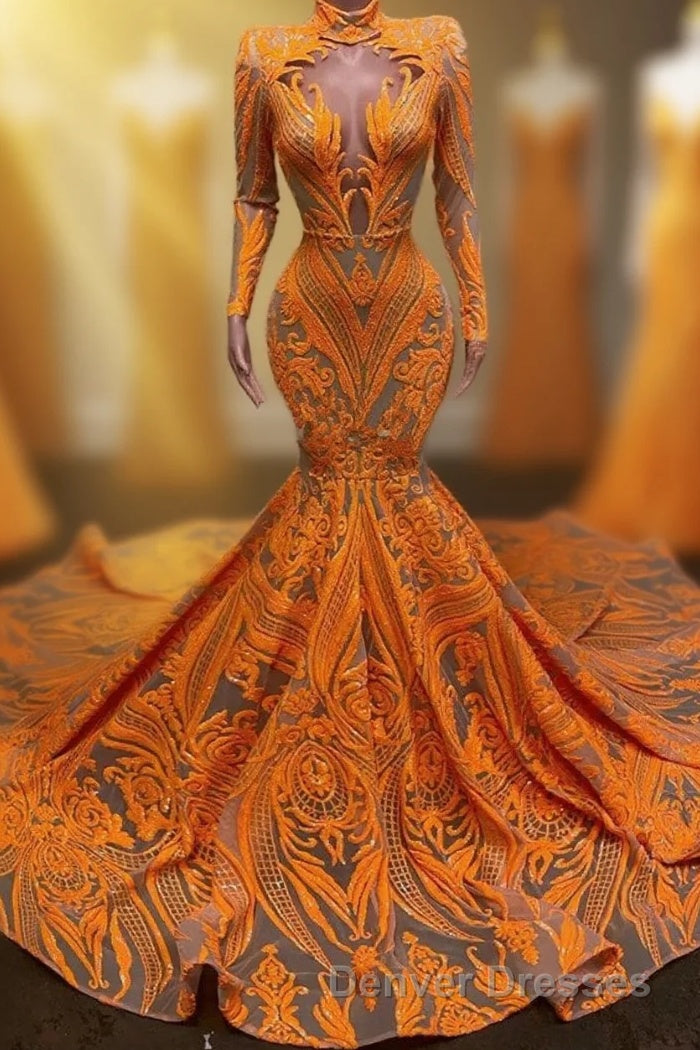 Hot Orange High neck Long Sleeves Mermaid Sequin Prom Dress Main image