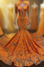 Hot Orange High neck Long Sleeves Mermaid Sequin Prom Dress
