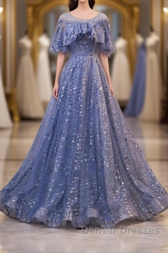Unique Round Neck Tulle Lace Long Prom Dress, Blue Lace Evening Dress