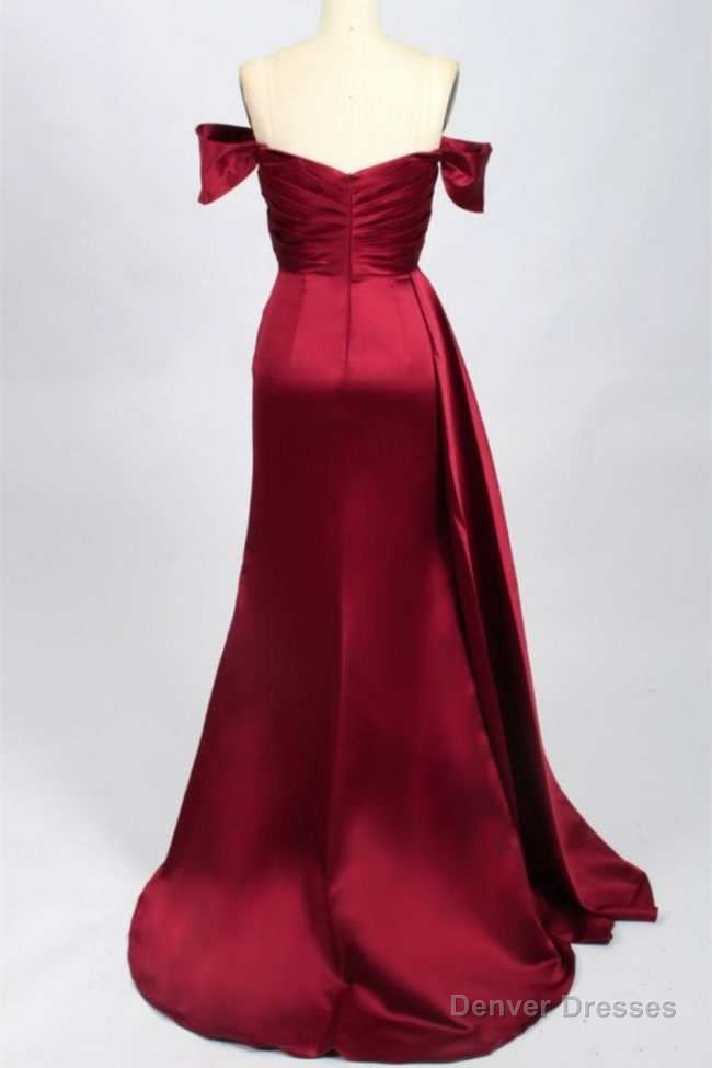 Red Satin Off-the-Shoulder Mermaid Long Prom Dress with Slit Main image