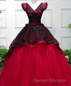 Unique Burgundy V Neck Tulle Long Prom Dress, Burgundy Evening Dress