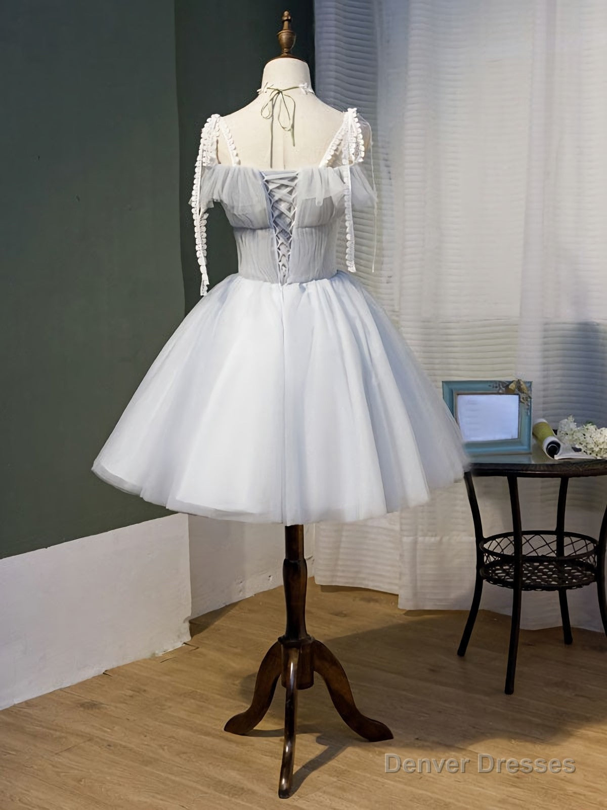 Gray Tulle Lace Short Prom Dress, Gray Tulle Homecoming Dress Secondary image