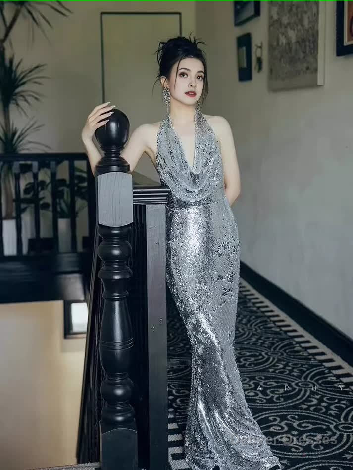Sexy Mermaid Silver Sequin Prom Dresses Evening Dress Main image