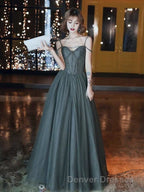 A-Line Prom Dress Open Back Dress Formal Wedding Party Floor Length Sleeveless Spaghetti Strap Tulle with Pleats