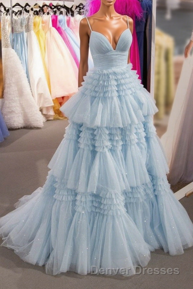 Elegant Light Blue Side Slit Tulle Long Prom Dress