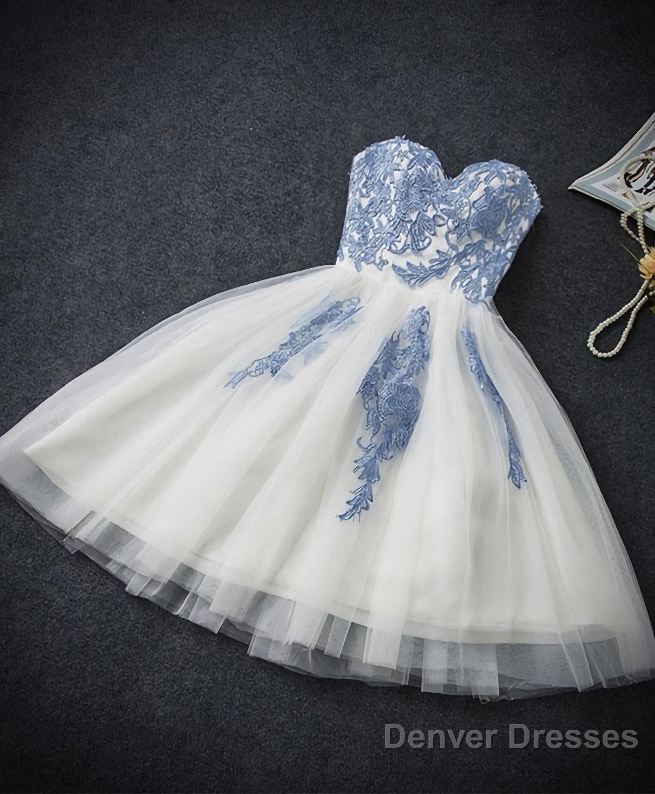 Cute Blue Sweetheart Neck Tulle Lace Short Prom Dress, Blue Homecoming Dress Main image