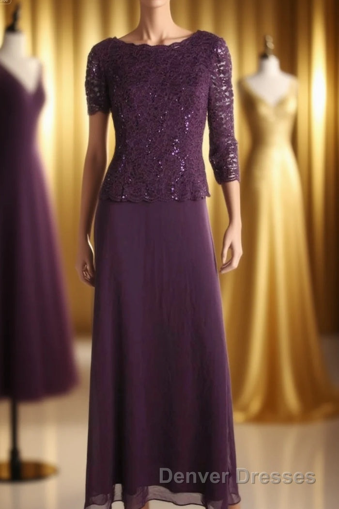 Two-Piece Plum Purple Long Sleeve Long Mother of the Bride Dress Main image