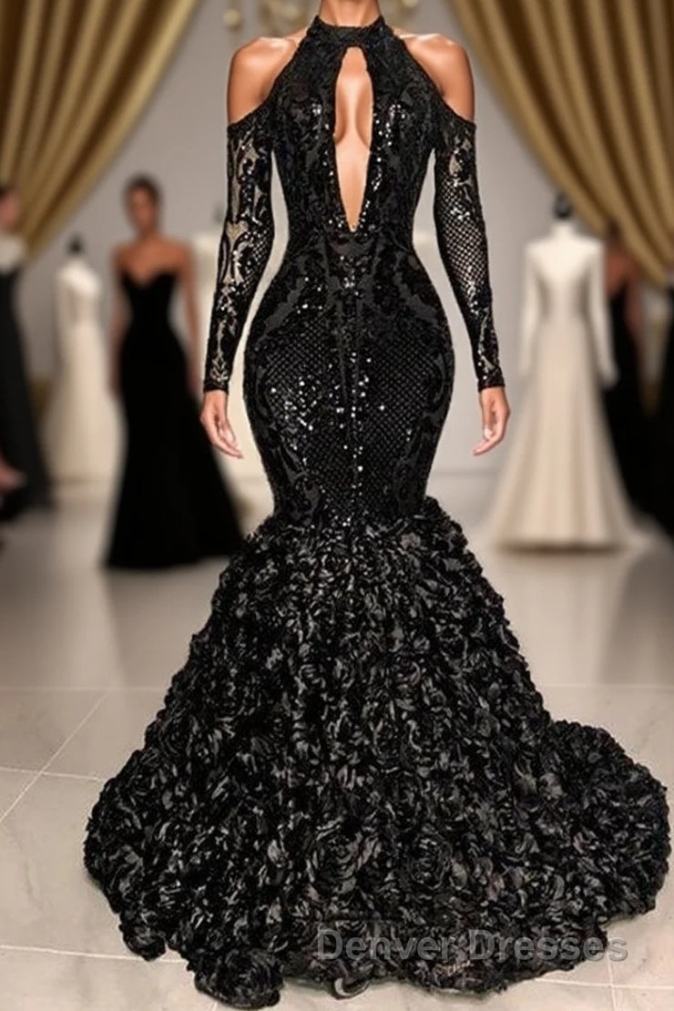 Black Sexy Keyhole Cool Shoulder Mermaid Flowers Prom Dress