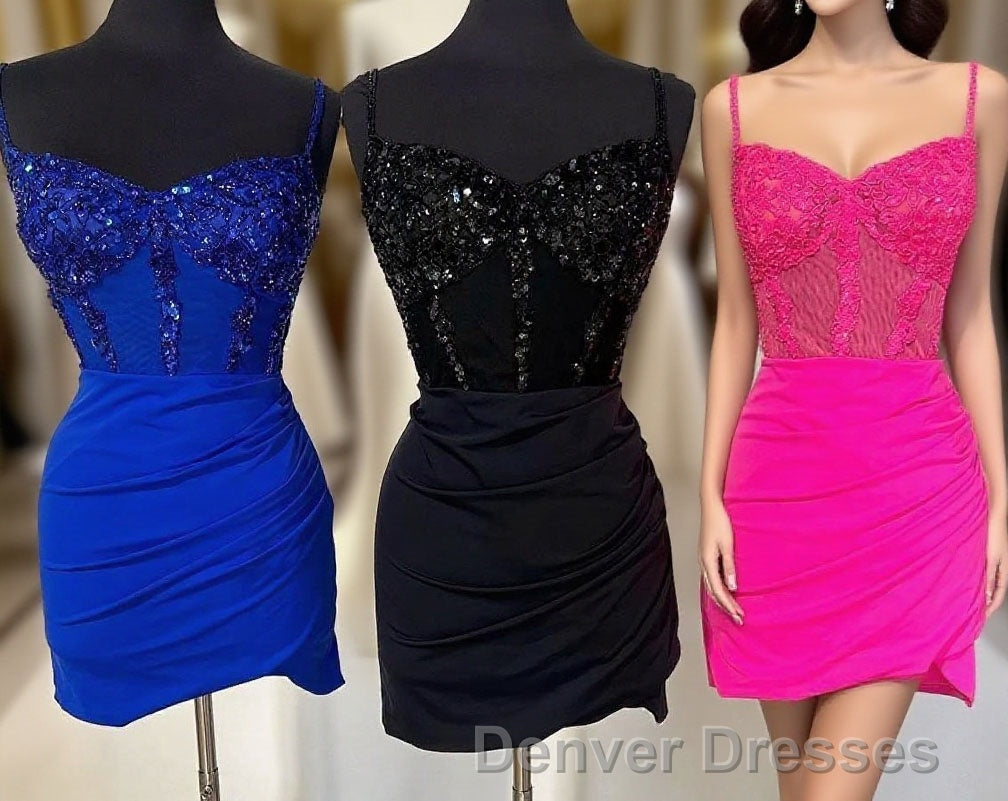 Black Straps Beaded Sheath Satin Homecoming Dress