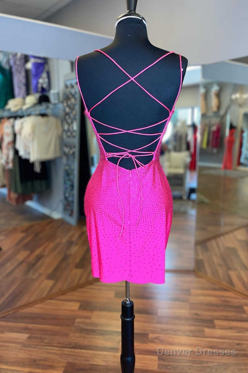 Hot Pink Beaded Lace-Up Bodycon Mini Homecoming Dress Secondary image