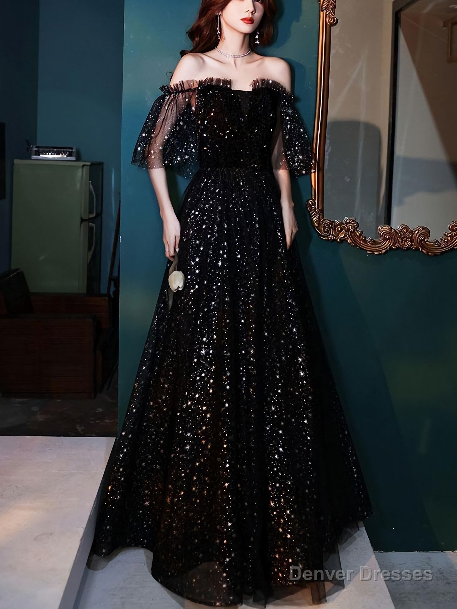 Black Tulle Off Shoulder Tulle Long Prom Dress, Black Evening Dress