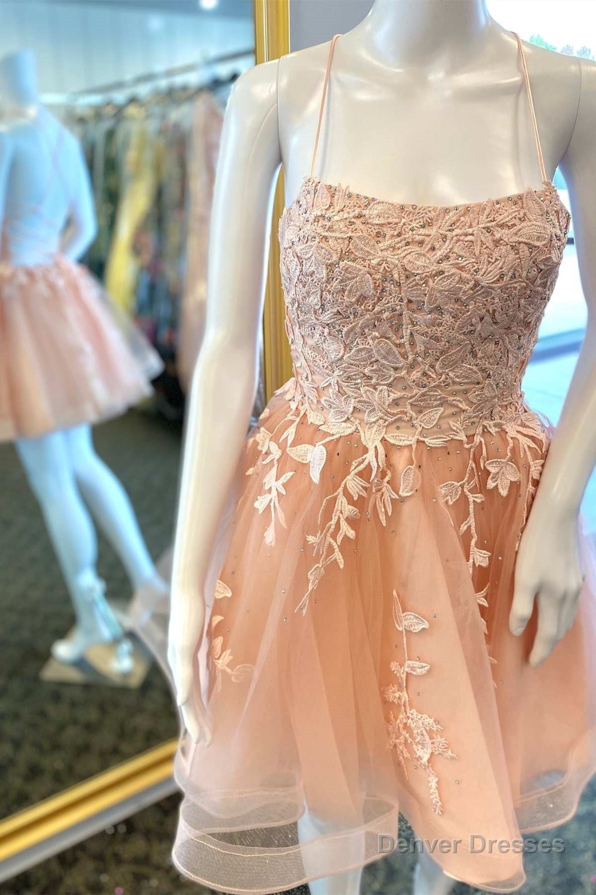Peach Appliques Lace-Up Back A-Line Short Party Dress Main image