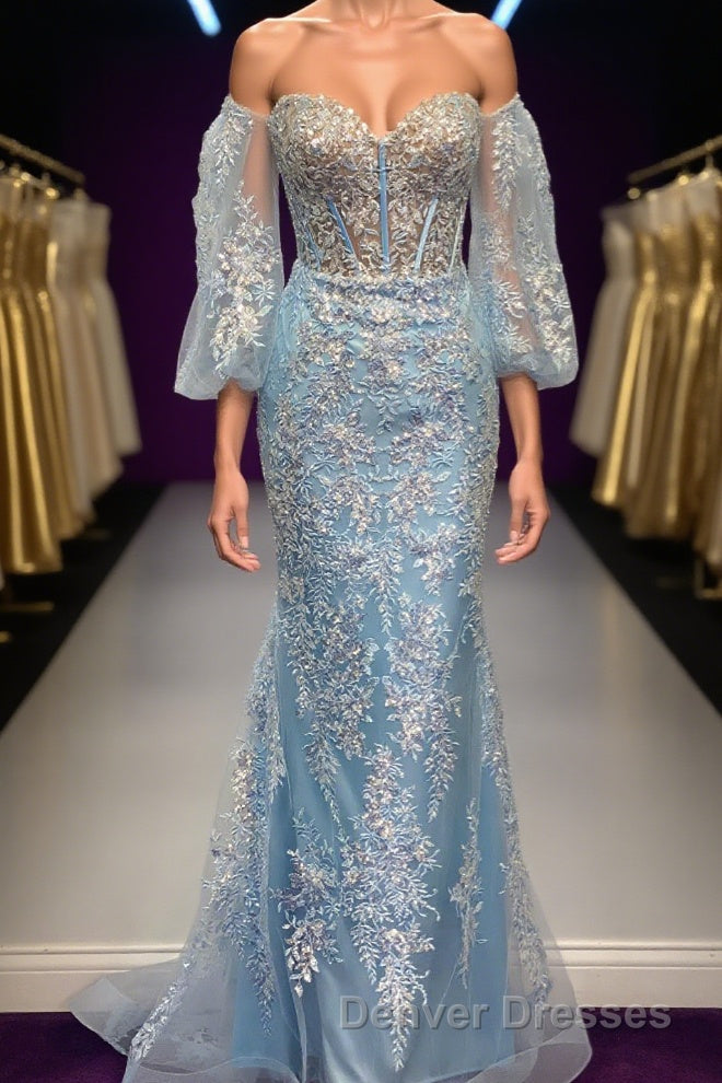 Light Blue Off-Shoulder Floral Appliques Mermaid Long Prom Dress Main image