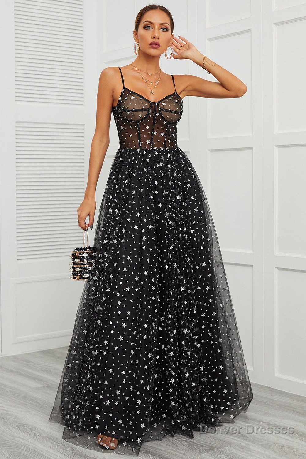 women party dress black ethereal prom dresses spaghetti straps long formal dress for girls with star Main image
