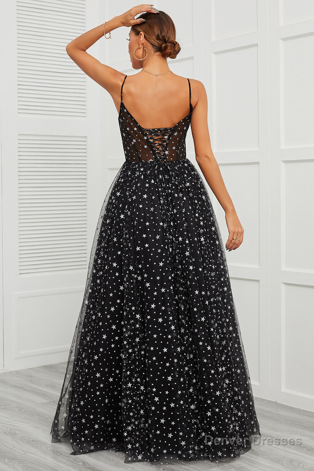 Women Party Dress Black Ethereal Prom dresses Spaghetti Straps Long Formal Dress For Girls with Star Secondary image