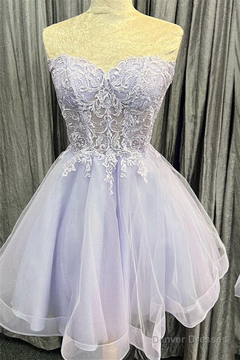 Lavender Strapless Appliques Tulle Lace-Up Homecoming Dress Main image