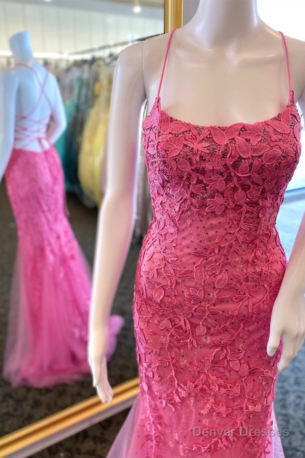 Hot Pink Appliques Beaded Lace-Up Back Mermaid Long Formal Dress Main image