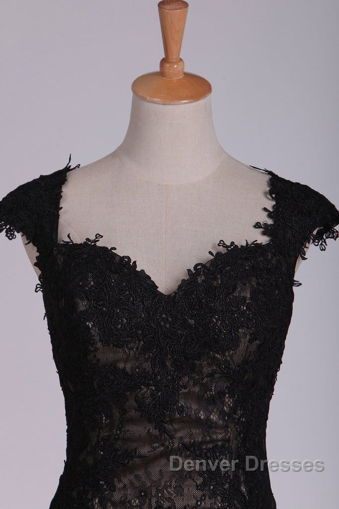Black Off The Shoulder Sheath Prom Dress Lace&Tulle Floor Length With Applique & Slit