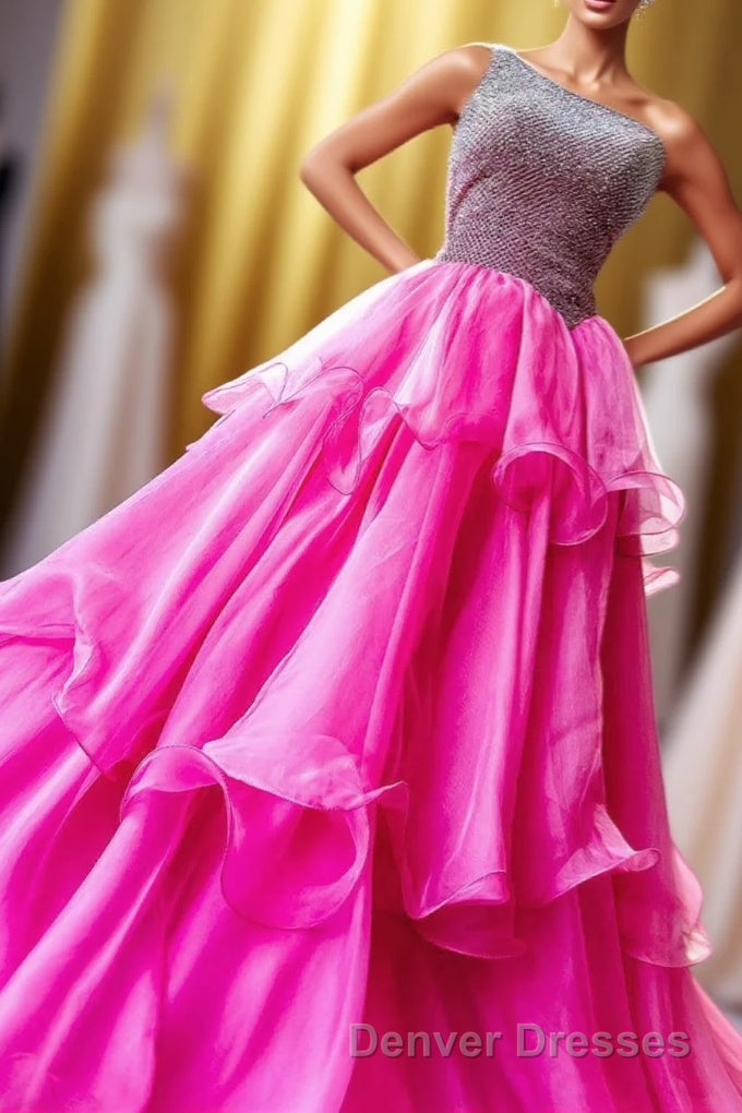 Hot Pink Beaded Top One Shoulder Layers Long Prom Dress