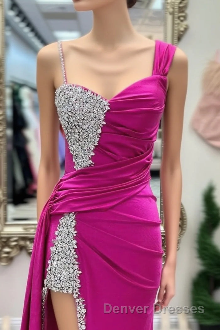 Asymmetrical Magenta Beaded Long Formal Dress with Attached Train Main image