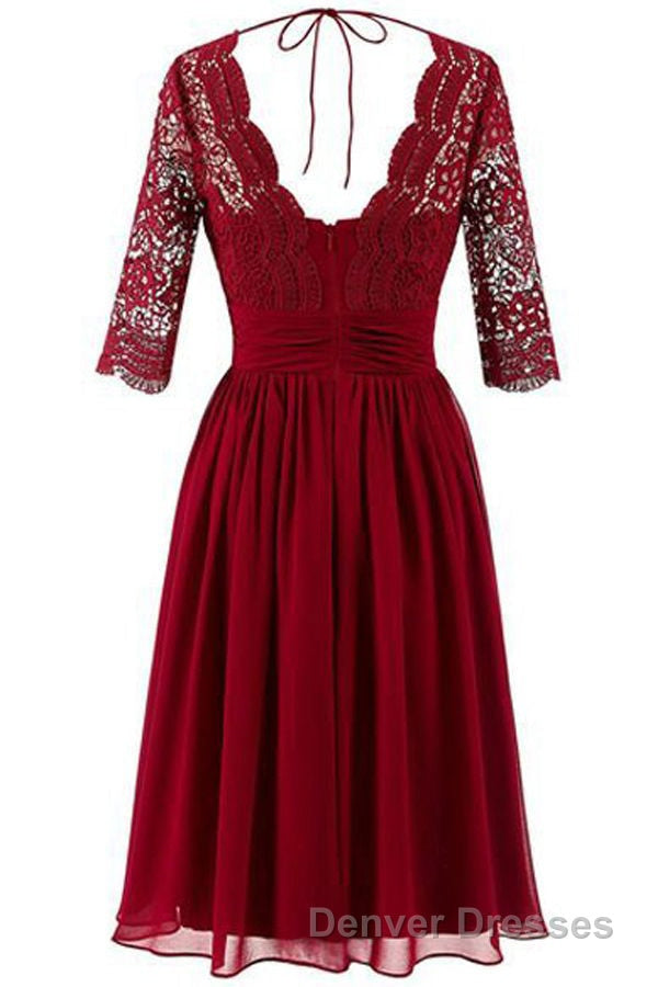 Burgundy A Line Knee Length V Neck 1/2 Sleeve Hollow Bridesmaid Dress Secondary image