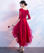 Burgundy V Neck Tulle Lace Short Prom Dress Bridesmaid Dress