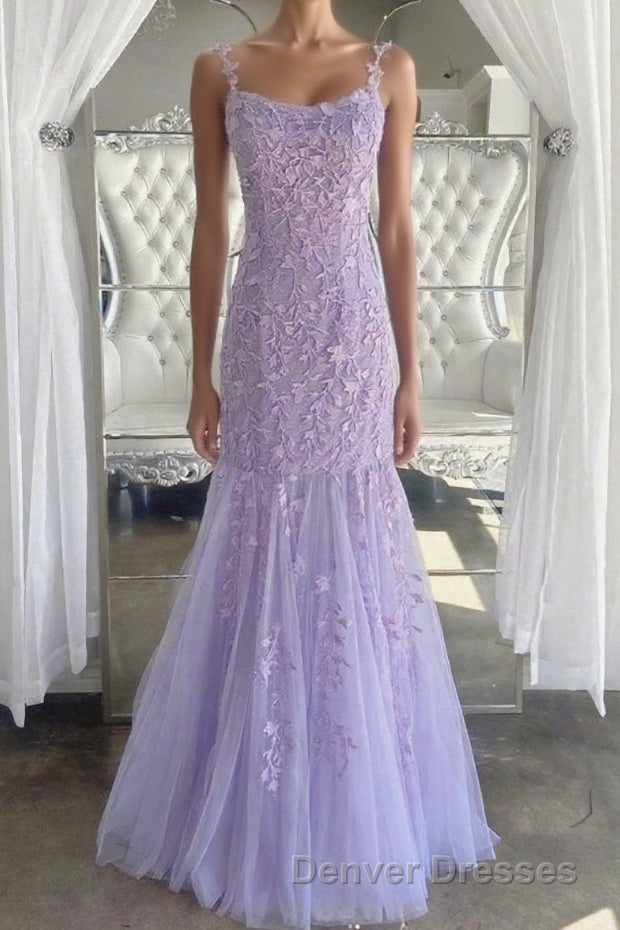 Lilac Spaghetti Straps Long Lace Tulle Evening Dress Mermaid Appliques Prom Dress Main image