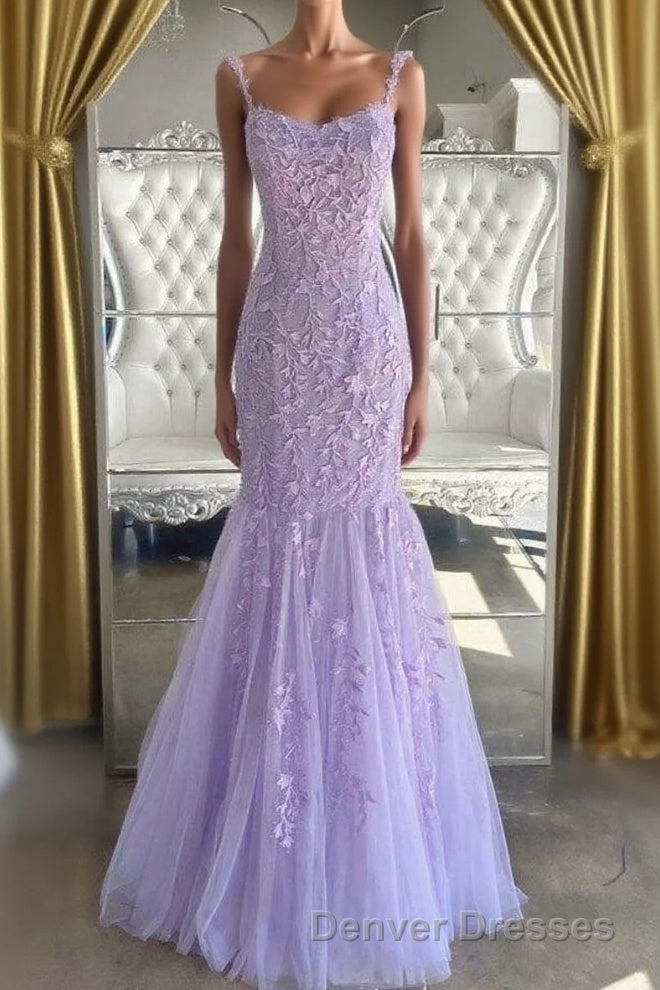 Lilac Spaghetti Straps Long Lace Tulle Evening Dress Mermaid Appliques Prom Dress Main image