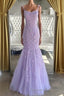 Lilac Spaghetti Straps Long Lace Tulle Evening Dress Mermaid Appliques Prom Dress