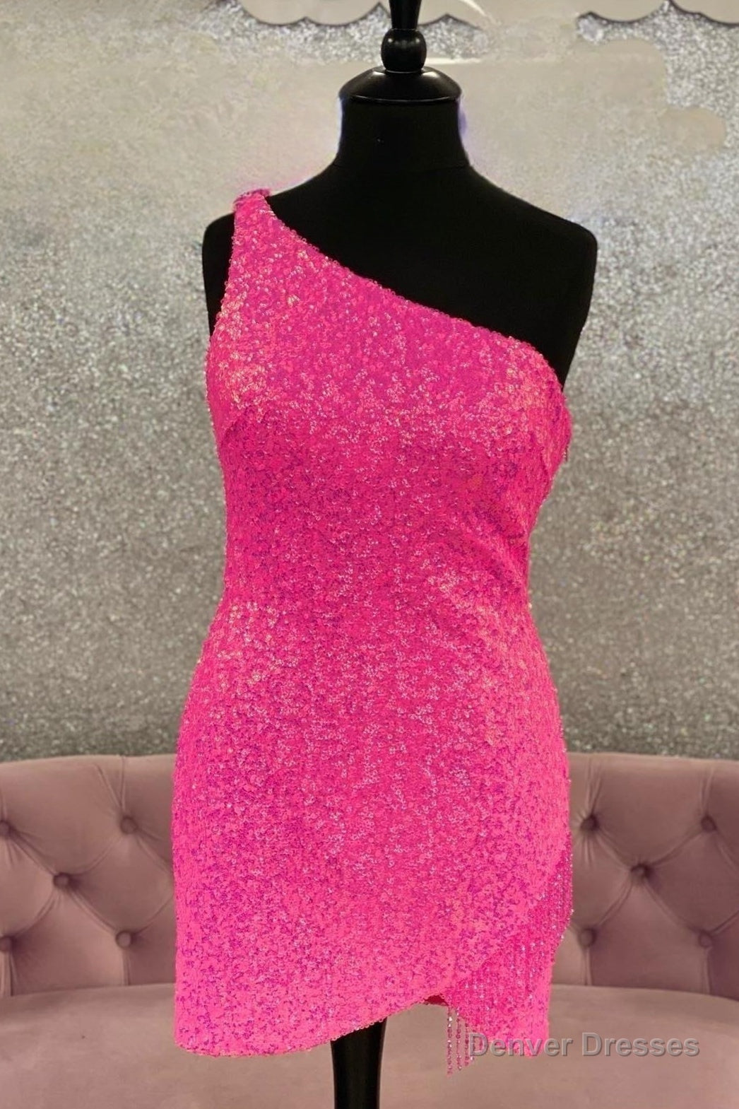 Hot Pink One Shoulder Sequins Straps Sheath Homecoming Dress with Tassels Main image