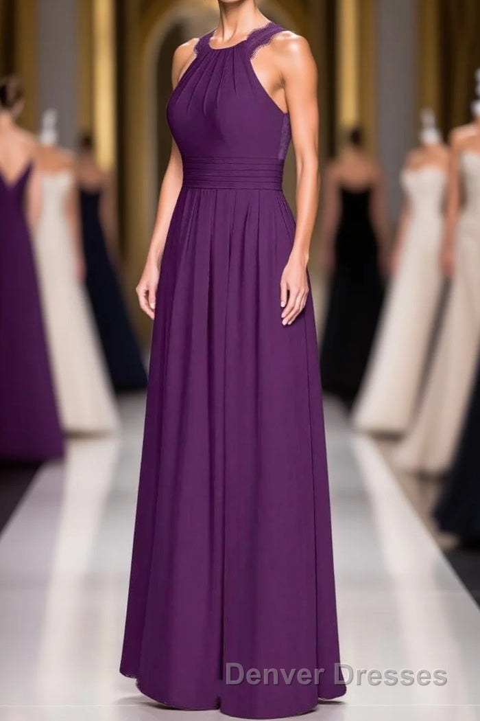 Magenta Chiffon Halter Cutout Back Long Bridesmaid Dress Main image