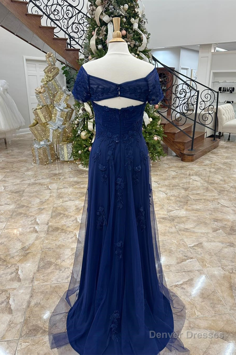 Dark Blue Off-Shoulder Floral A-line Long Mother of Brides Dress Secondary image