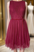 A-line Scoop Neck Tulle Lace Mini Bridesmaid Dress with Sash