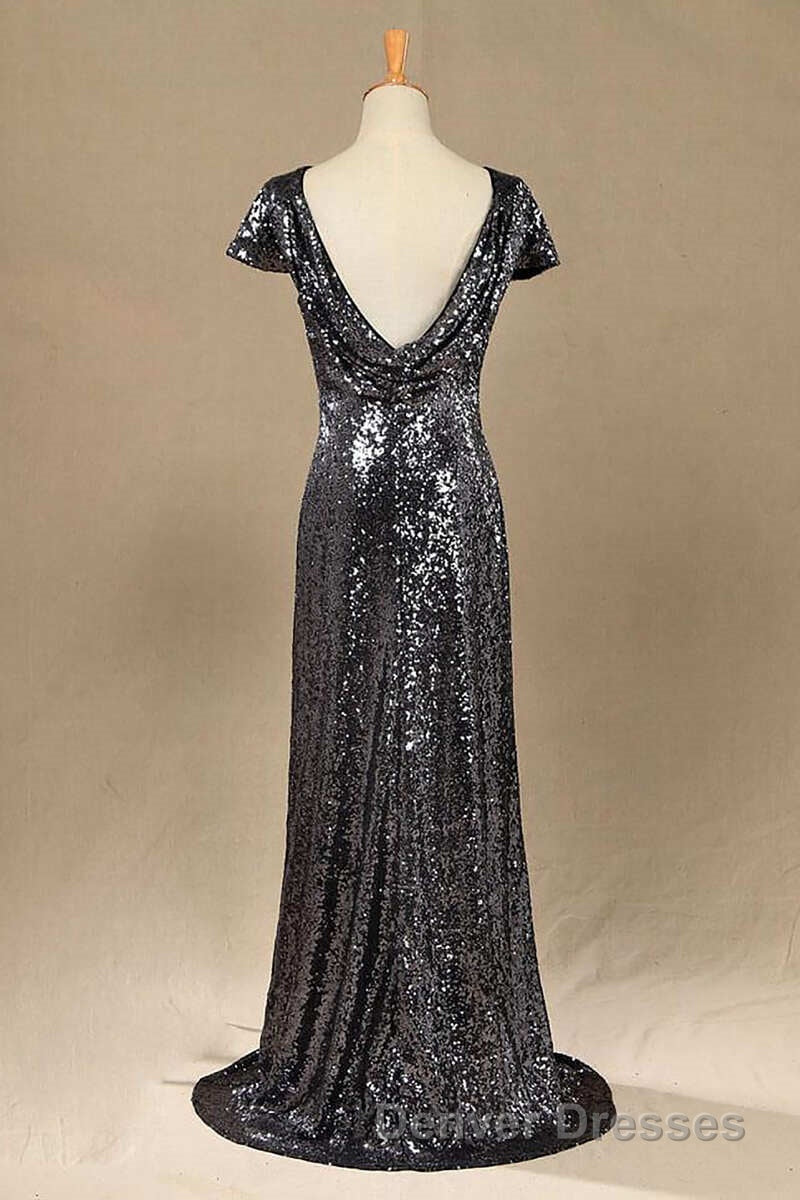 Black Sequin Cap Sleeve Backless Long Bridesmaid Dress Secondary image