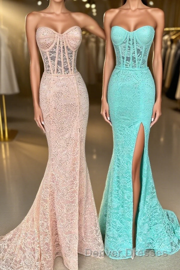 Mint Green Lace Strapless Mermaid  Long Prom Dress with Slit Main image