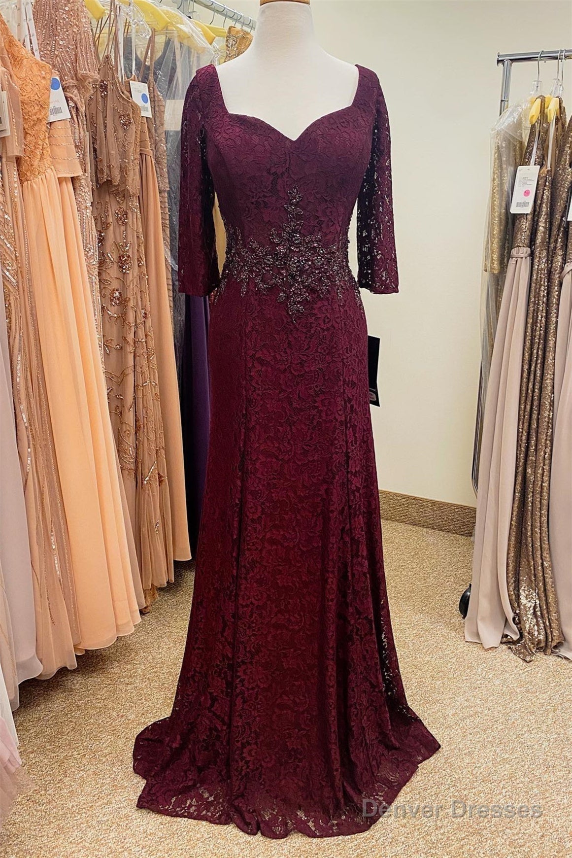 Burgundy Lace Beaded Half Sleeves Long Mother of Bride Dress Main image